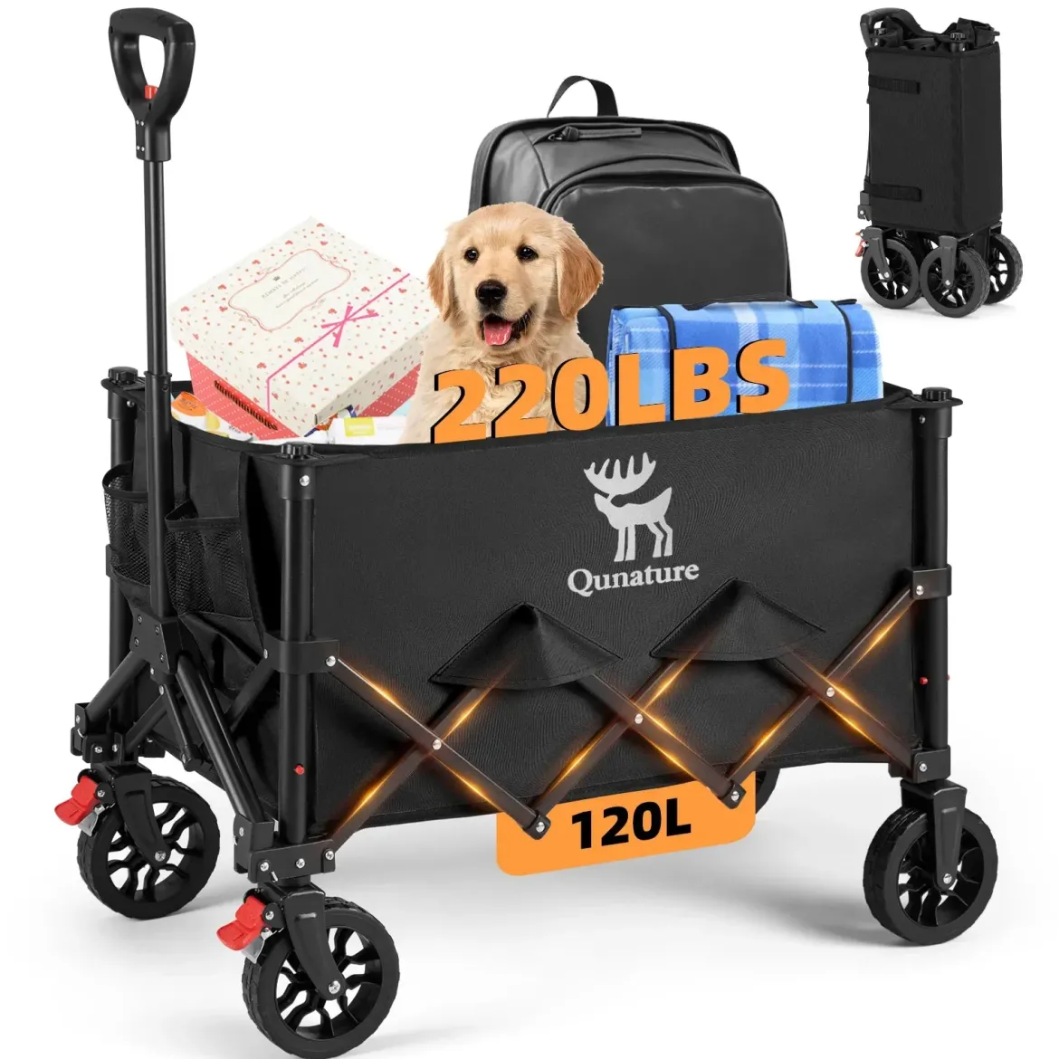 Qunature 220lbs Foldable Utility Wagon Cart with 360° Swivel Wheels