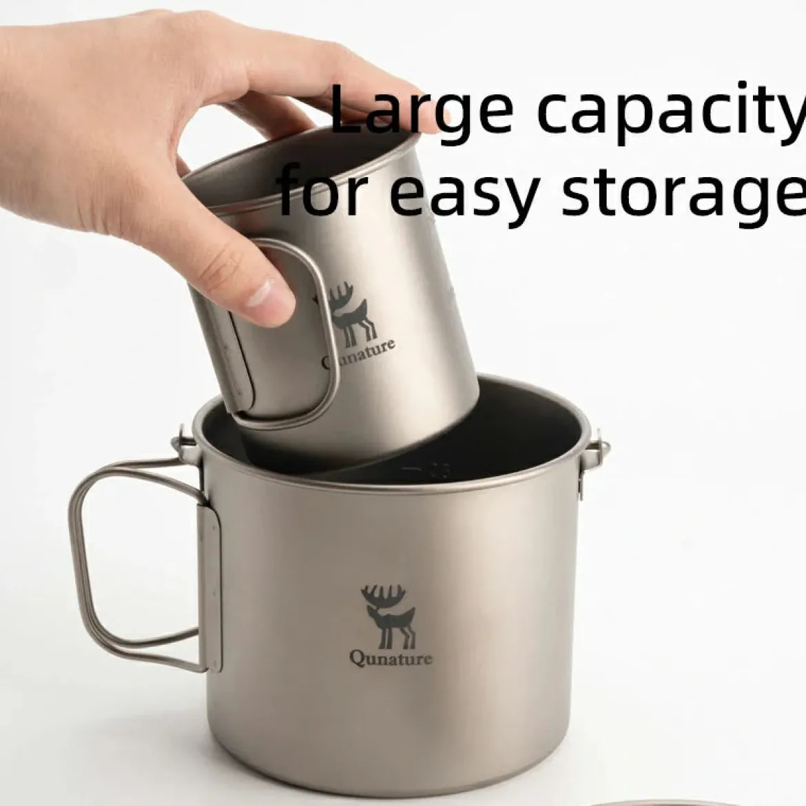 Qunature 1100ml Pure Titanium Camping Cup with Foldable Handle Lightweight