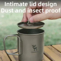 Qunature Pure Titanium Folding Mug Lightweight Durable with Lid for Outdoor Camping