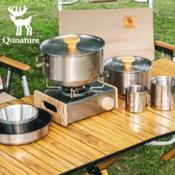 Qunature 304 Stainless Steel 5-Piece Camping Cookware Set with Teflon Coating