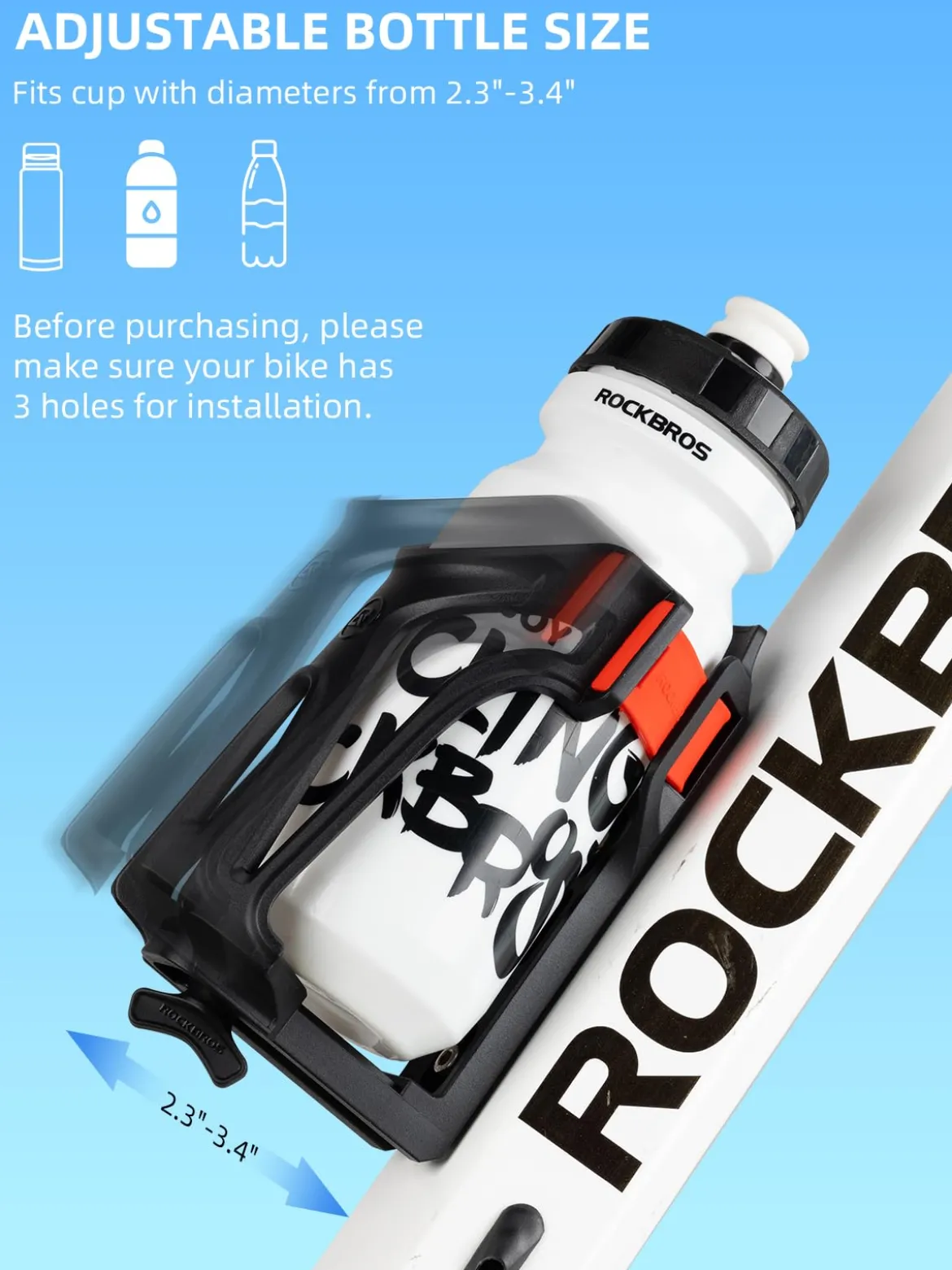 ROCKBROS Adjustable Water Bottle Holder for 2.3-3" Bottles, Bike & Motorcycle Mount