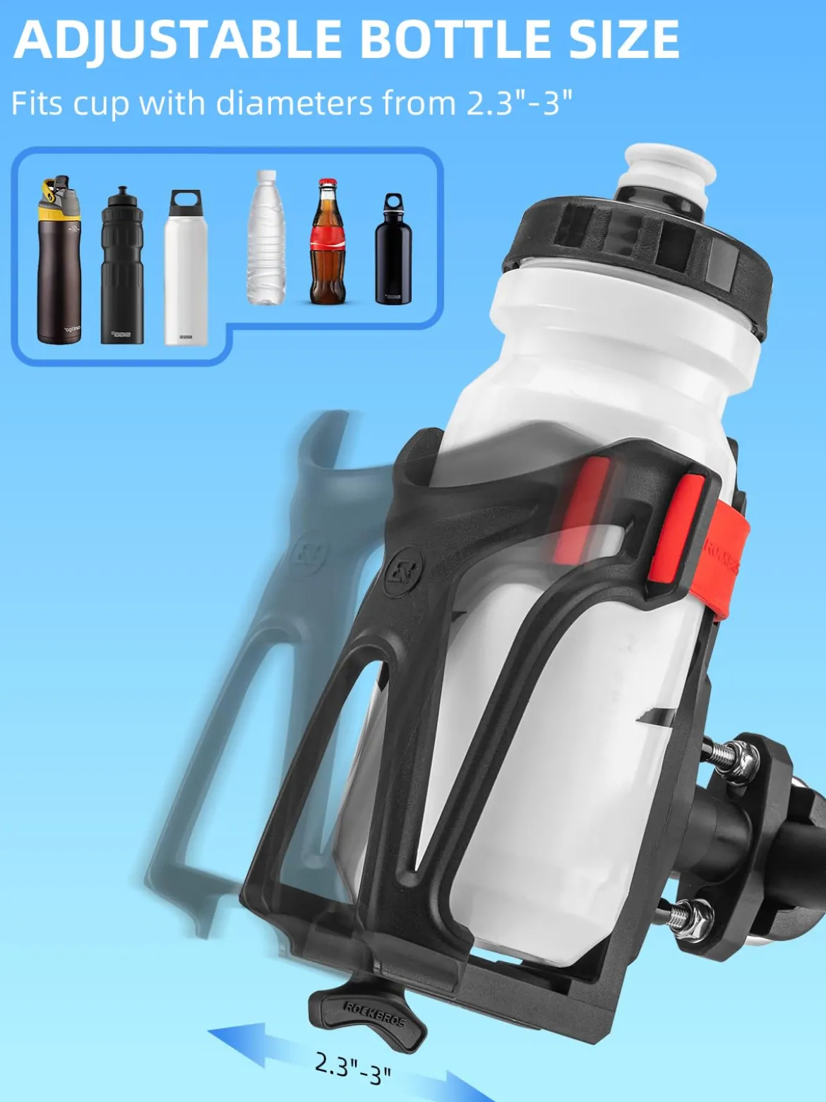 ROCKBROS Adjustable Water Bottle Holder for 2.3-3" Bottles, Bike & Motorcycle Mount