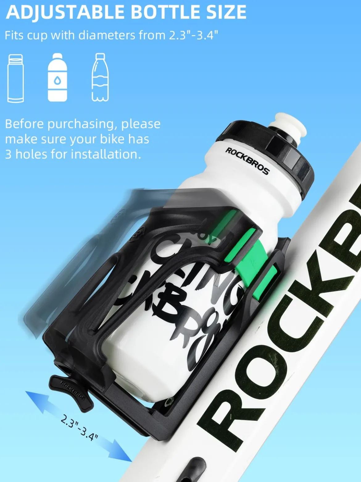 ROCKBROS Adjustable Water Bottle Holder for 2.3-3" Bottles, Bike & Motorcycle Mount