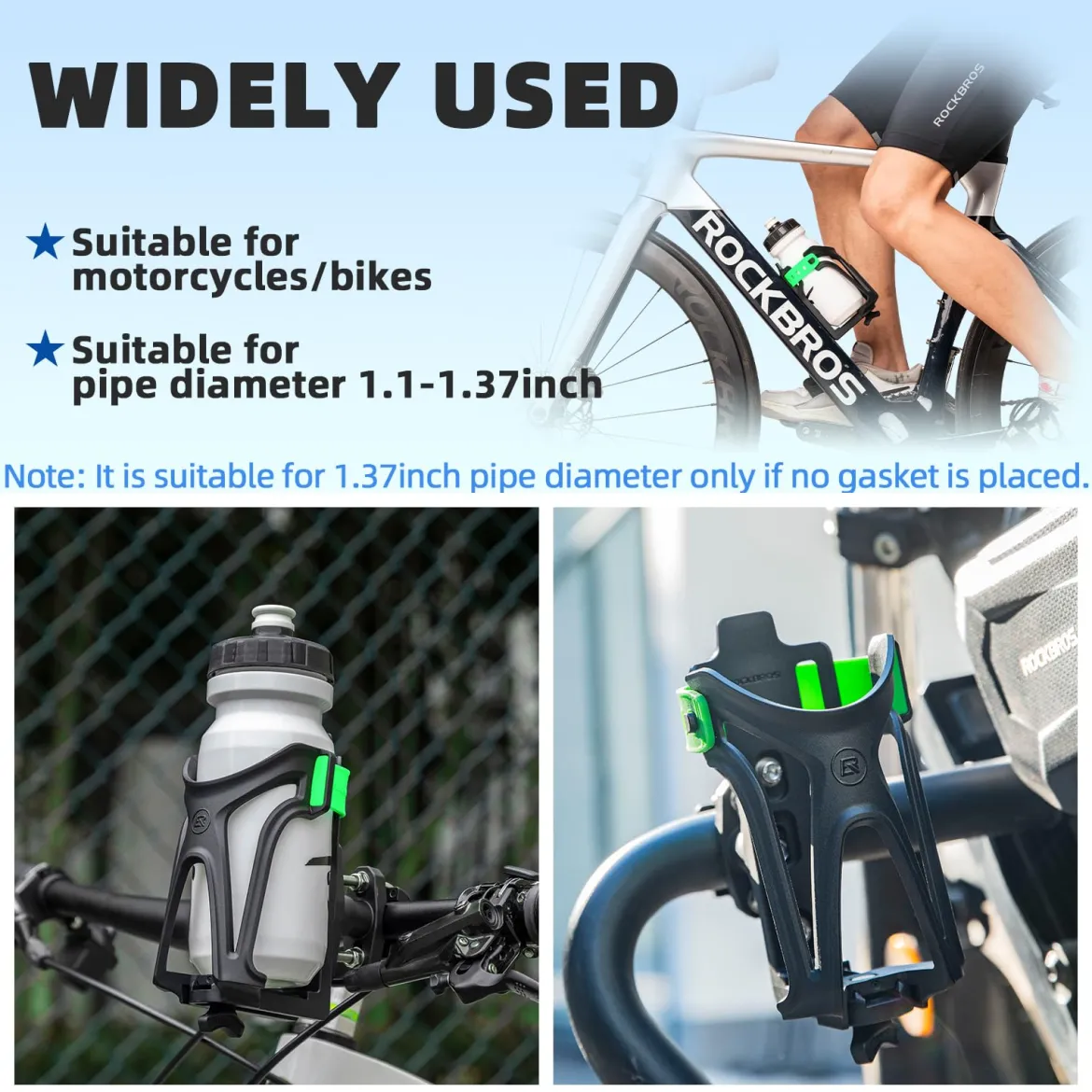 ROCKBROS Adjustable Water Bottle Holder for 2.3-3" Bottles, Bike & Motorcycle Mount