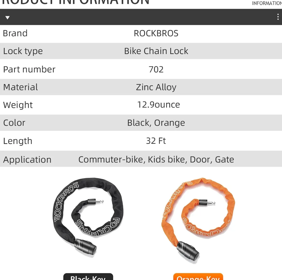 ROCKBROS Bike Lock Chain Bicycle Lock, Heavy Duty Anti Theft