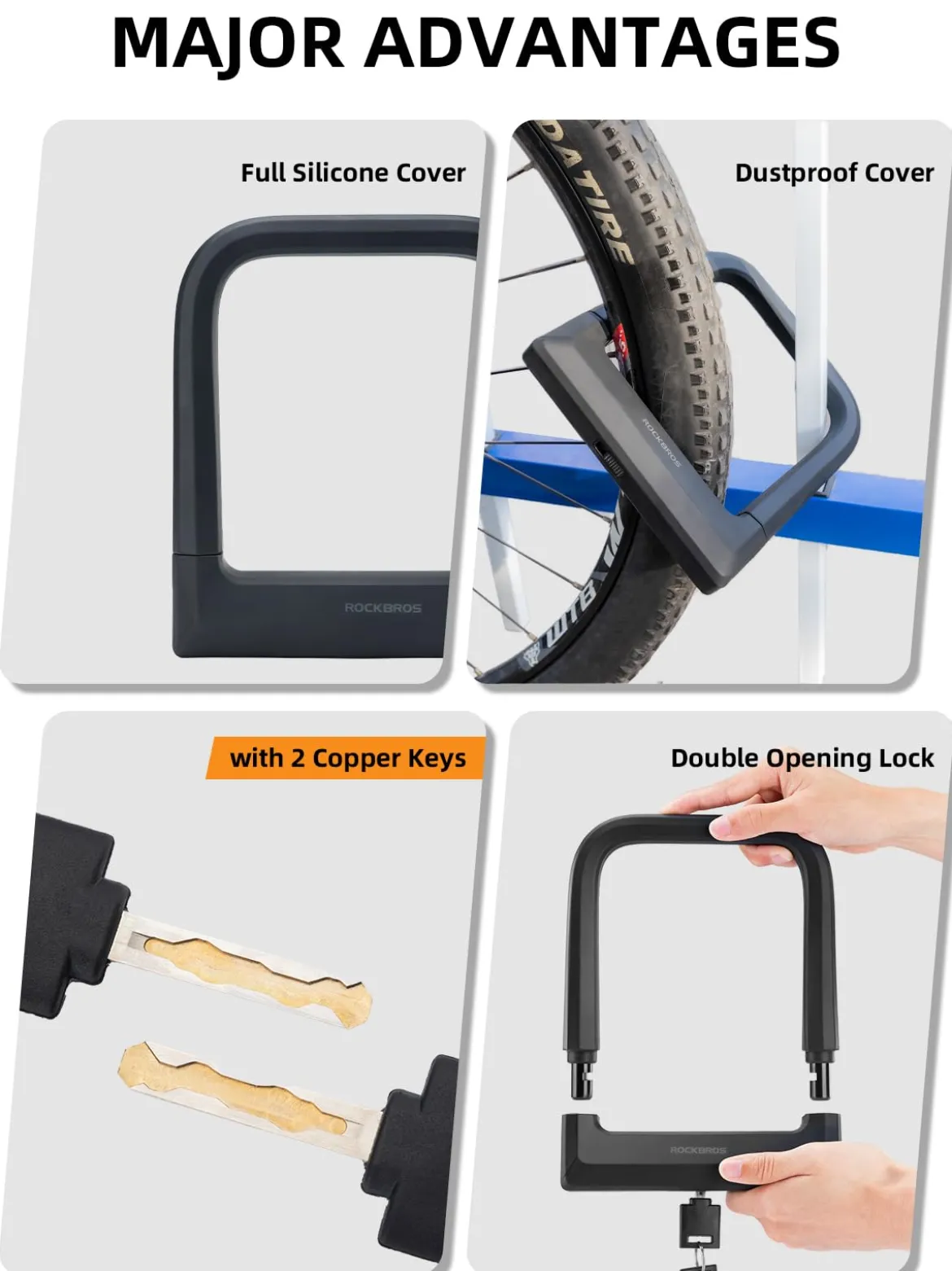 ROCKBROS Bike Lock Set Heavy Duty Bike U Lock with 4 Ft Security Steel Cable